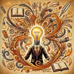 The spiking heat of inspiration - figure with light bulb for head and surrounded by literary references.