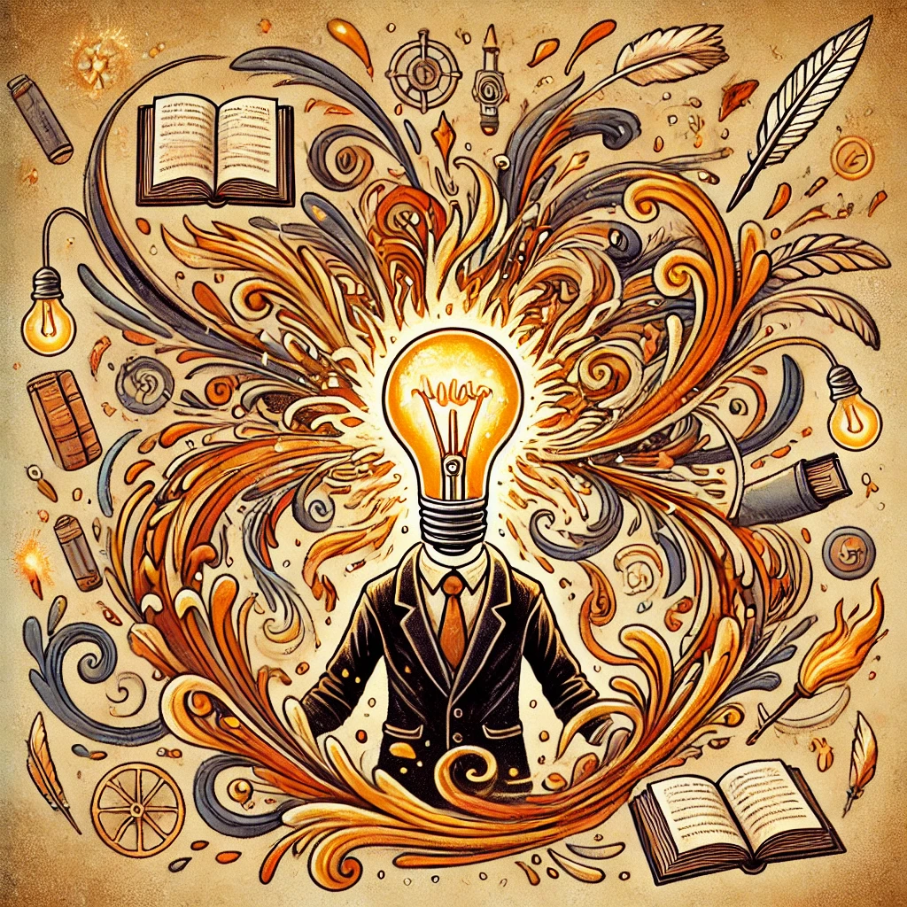 The spiking heat of inspiration - figure with light bulb for head and surrounded by literary references.